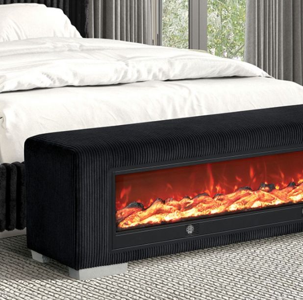 Furniture of America® Elnath Black Bench with Visual Wood Log Fireplace-2