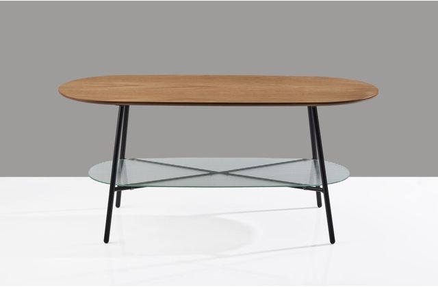 Adesso® Diane Natural Wood Coffee Table with Glass shelve and Black Metal Base-1
