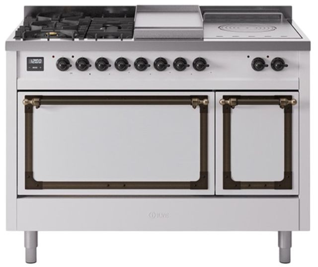 Ilve® Nostalgie II Noblesse 48'' White Pro Style Dual Fuel Range with Burnished Trim-0
