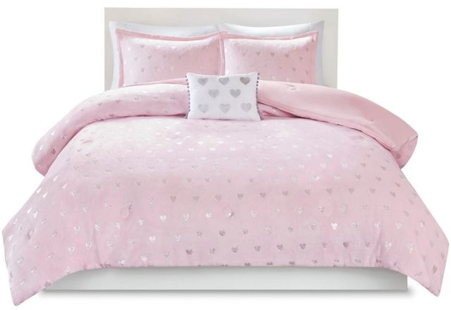 Olliix by Mi Zone Glimmer Rosalie Pink and Silver Full/Queen Metallic Printed Plush Comforter Set-1