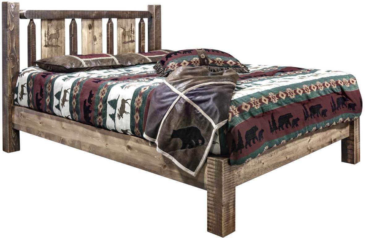 Montana Woodworks® Homestead Stain & Clear Lacquer California King Platform Bed with Laser Engraved Elk Design