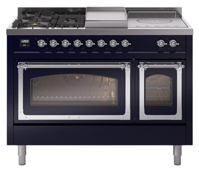Ilve® Nostalgie II Noblesse 48'' Midnight Blue Pro Style Dual Fuel Range with Chrome Trim-0