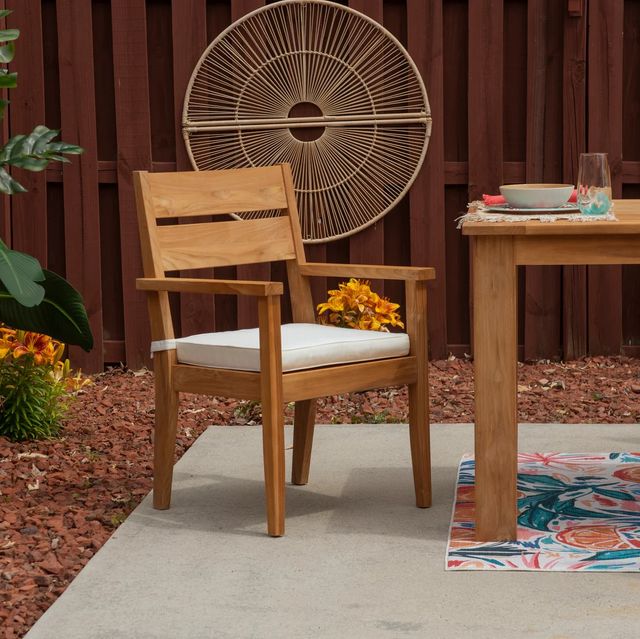 Linon Cannon Natural Teak Wooden Outdoor Dining Armchair with Seat Cushion-1