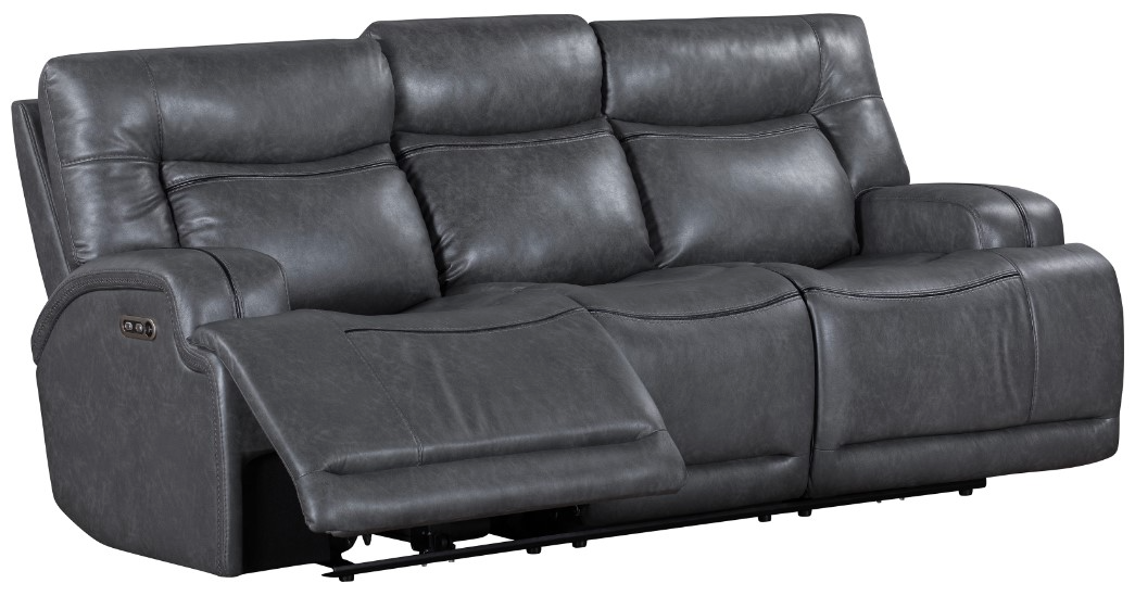 New Classic Home Furnishings Titan Gray Power Reclining Sofa with Headrest and Console Fischer s Furniture and Appliance Tell City IN