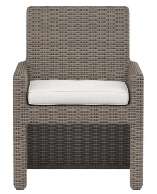 Sunset West Coronado Driftwood Resin Wicker Outdoor Dining Arm Chair with Canvas Flax Cushion-1