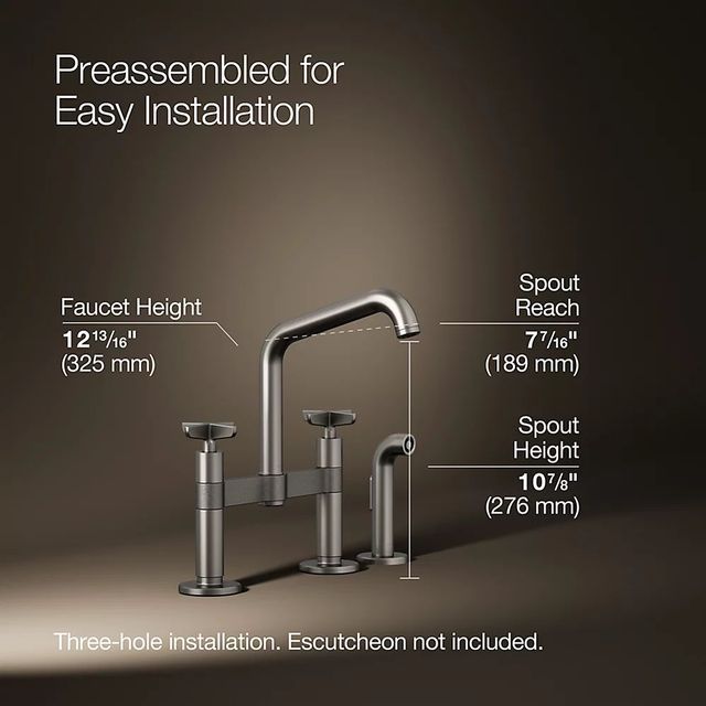 KOHLER® Billet® Vibrant Stainless 2-Hole Bridge Kitchen Sink Faucet with Side Sprayer-2