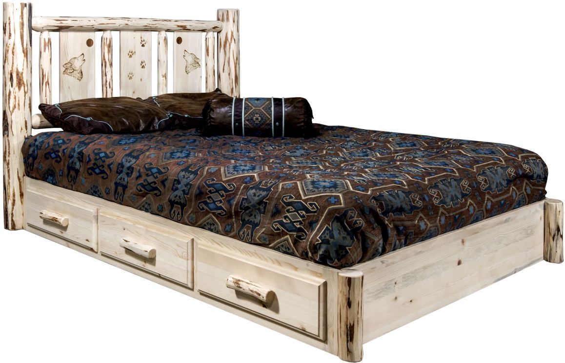 Montana Woodworks® Montana Collection Clear Lacquer Full Platform Storage Bed with Laser Engraved Wolf Design