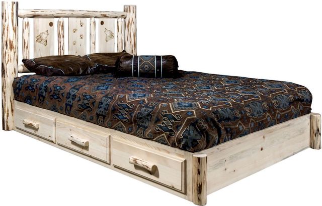 Montana Woodworks® Montana Collection Clear Lacquer Full Platform Storage Bed with Laser Engraved Wolf Design-0