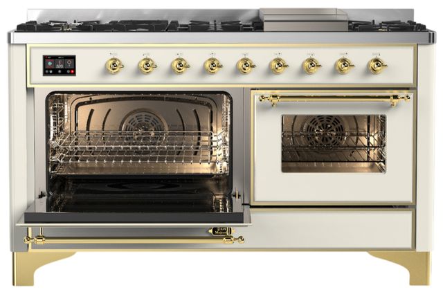 Ilve® Majestic III 60" Antique White Pro Style Dual Fuel Liquid Propane Range with Triple Glass Door and Brass Trim-3