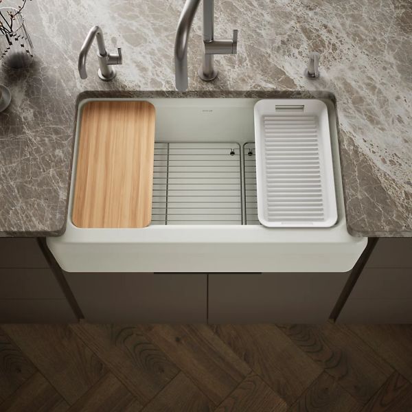 KOHLER® Riverby® Dune 36" Undermount Single-Bowl Farmhouse Workstation Kitchen Sink with Accessories-1
