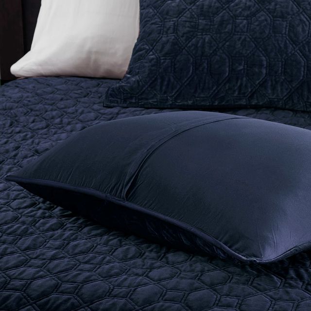 Olliix by Madison Park Harper 3 Piece Navy Full/Queen Faux Velvet Reversible Coverlet Set-3