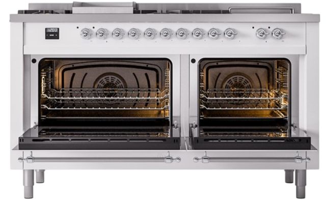 Ilve® Nostalgie II Noblesse 60'' White Pro Style Dual Fuel Range with Chrome Trim-2
