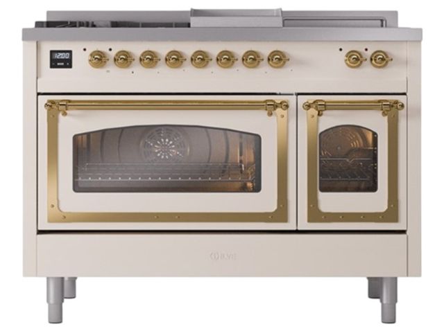 Ilve® Nostalgie II Noblesse 48'' Antique White Pro Style Dual Fuel Range with Brass Trim-1