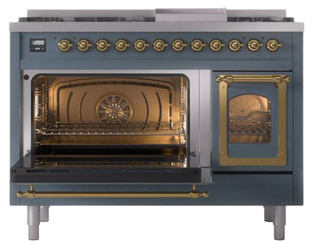 Ilve® Nostalgie II Noblesse 48'' Blue Gray Pro Style Dual Fuel Range with Brass Trim-3