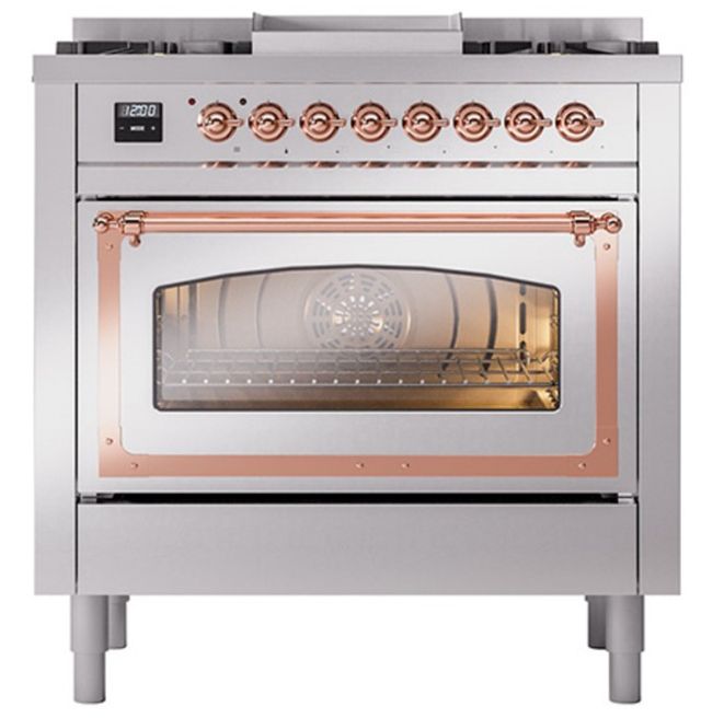 Ilve® Nostalgie II Noblesse 36'' Stainless Steel Pro Style Dual Fuel Range with Copper Trim-1