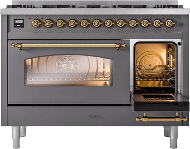 Ilve® Nostalgie II 48" Graphite Matte Pro Style Dual Fuel Range with Brass Trim-3
