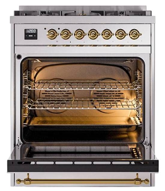 Ilve® Nostalgie II Noblesse 30" Stainless Steel Pro Style Dual Fuel Range with Brass Trim-2