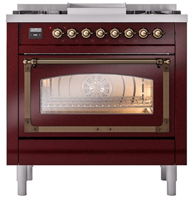 Ilve® Nostalgie II Noblesse 36'' Burgundy Pro Style Dual Fuel Range with Burnished Trim-1