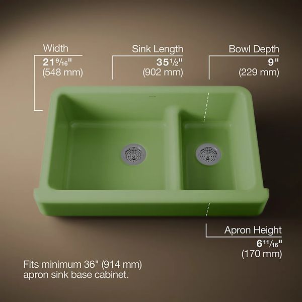 KOHLER® Whitehaven® Fresh Green Smart Divide® 36" Undermount Double-Bowl Farmhouse Kitchen Sink with Short Apron-2