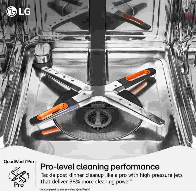 Front view of the inside of an LG dishwasher with QuadWash Front view of the inside of an LG dishwasher with QuadWash