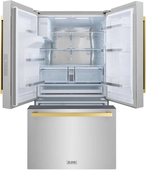 ZLINE Autograph Edition 36" 28.9 Cu. Ft. Stainless Steel Freestanding French Door Refrigerator with Dual Ice Maker and Polished Gold Modern Handles-1