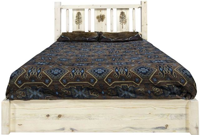 Montana Woodworks® Homestead Clear Lacquer King Platform Storage Bed with Laser Engraved Pine Design-1