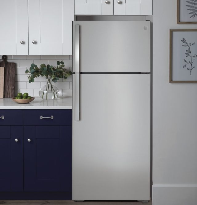 GE 28 Inch 17.5 Cu. Ft. Stainless Steel Top Freezer Refrigerator GE 28 Inch 17.5 Cu. Ft. Stainless Steel Top Freezer Refrigerator