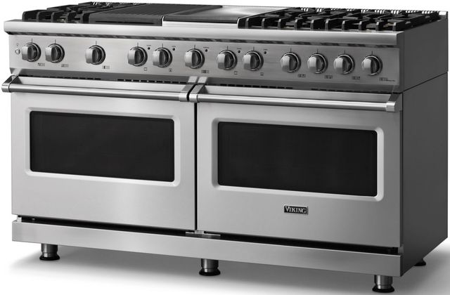 Viking® 5 Series 60" Stainless Steel Pro Style Dual Fuel (NG) Range with Polished Chrome Trim-2
