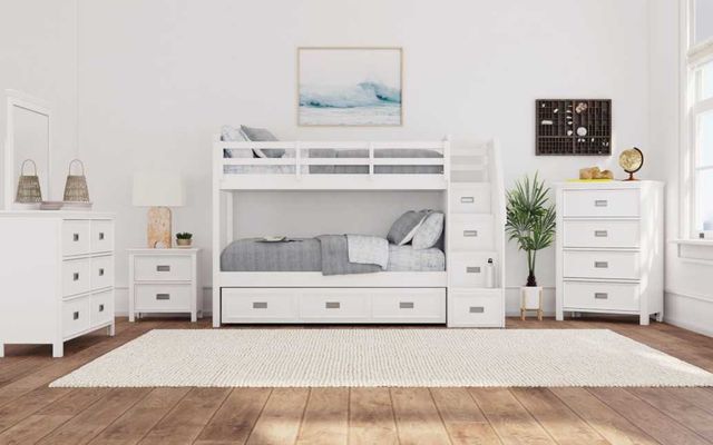 Elements International Hampton Kids White Youth Twin/Twin Loft Bed with Staircase and Trundle-1