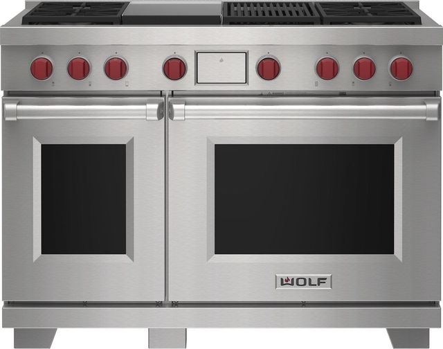 Wolf® 48" Stainless Steel Pro Style Dual Fuel Range and Infrared Charbroiler and Infrared Griddle-0