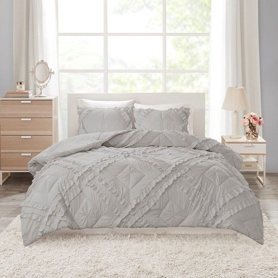 Olliix by Intelligent Design Kacie Grey Twin/Twin Extra Large Solid Coverlet Set with Tufted Diamond Ruffles-1