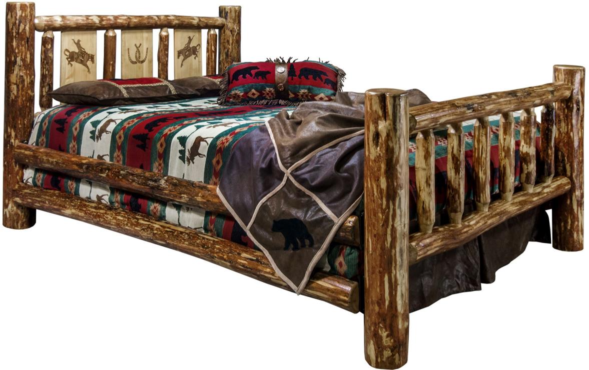 Montana Woodworks® Glacier Country Stain & Clear Lacquer California King Bed with Laser Engraved Bronc Design