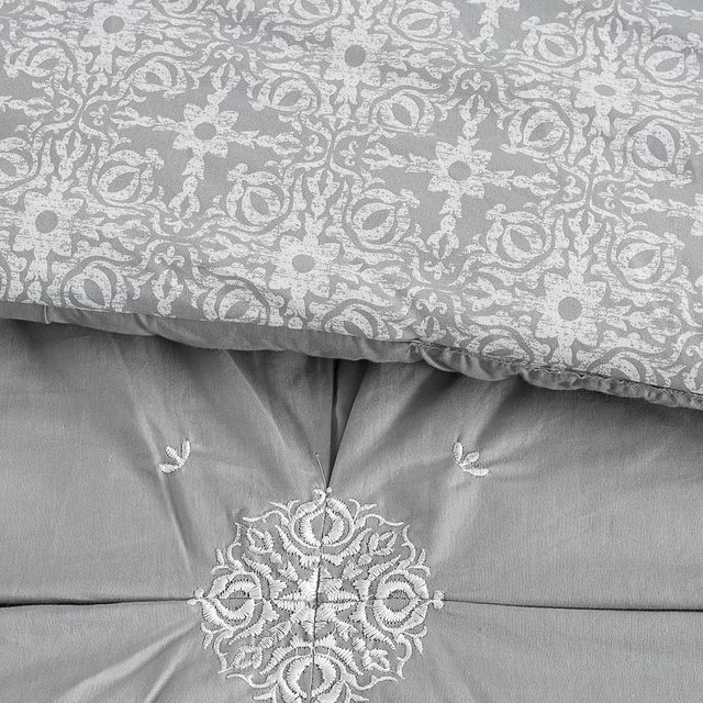 Olliix by Madison Park 6 Piece Grey Full/Queen Malia Embroidered Cotton Reversible Comforter Set-4