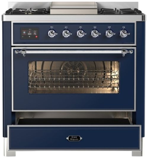 Ilve® Majestic III 36" Midnight Blue Pro Style Dual Fuel Natural Gas Range with 6 Black Brass Burners and Chrome Trim-2