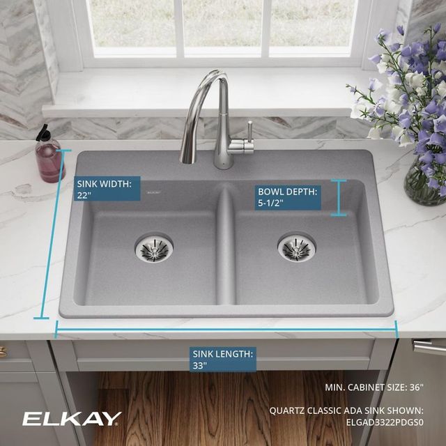 Elkay Quartz Classic® Graystone 33" x 22" x 5-1/2" Double Bowl Drop-In ADA Sink with Perfect Drain®-3