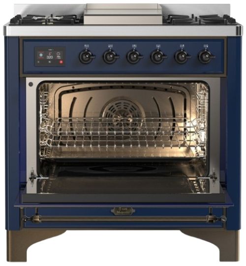 Ilve® Majestic III 36" Midnight Blue Pro Style Dual Fuel Natural Gas Range with 6 Black Brass Burners and Burnished Trim-1