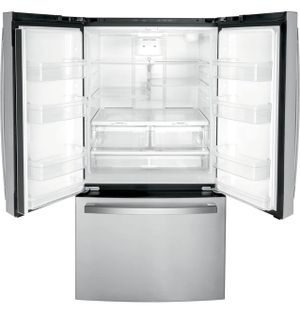 front view of the opened GE® 36 in. 27.0 Cu. Ft. Fingerprint Resistant Stainless Steel French Door Refrigerator
