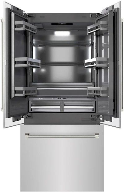 ZLINE Autograph Edition 36 " 19.6 Cu. Ft. Stainless Steel with Graphite Gray Interior and Polished Nickel Helix Handles French Door Built-In Bottom Freezer Refrigerator with Water Dispenser and Ice Maker -1