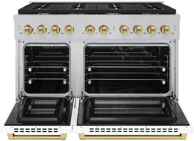 ZLINE Autograph Edition Paramount 48" Satin Stainless Steel Pro Style Dual Fuel Range with White Matte Door and Champagne Bronze Accents-1