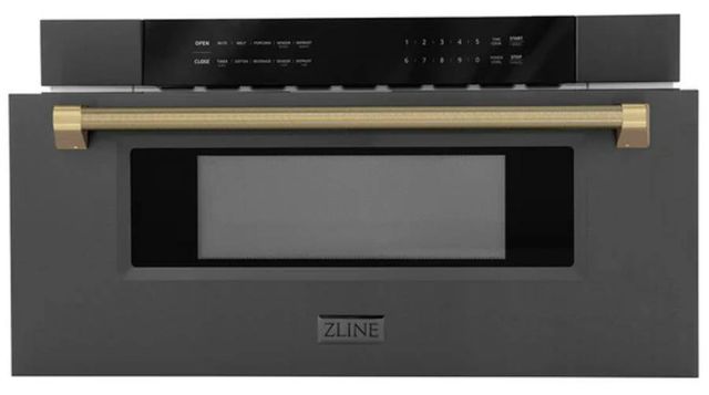 ZLINE Autograph Edition 30" 1.2 Cu. Ft. Black Stainless Steel Built-in Microwave Drawer with Champagne Bronze Helix Handle-3