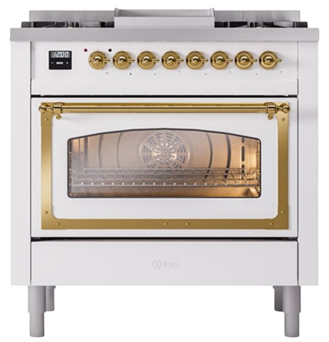 Ilve® Nostalgie II Noblesse 36'' White Pro Style Dual Fuel Range with Brass Trim-1