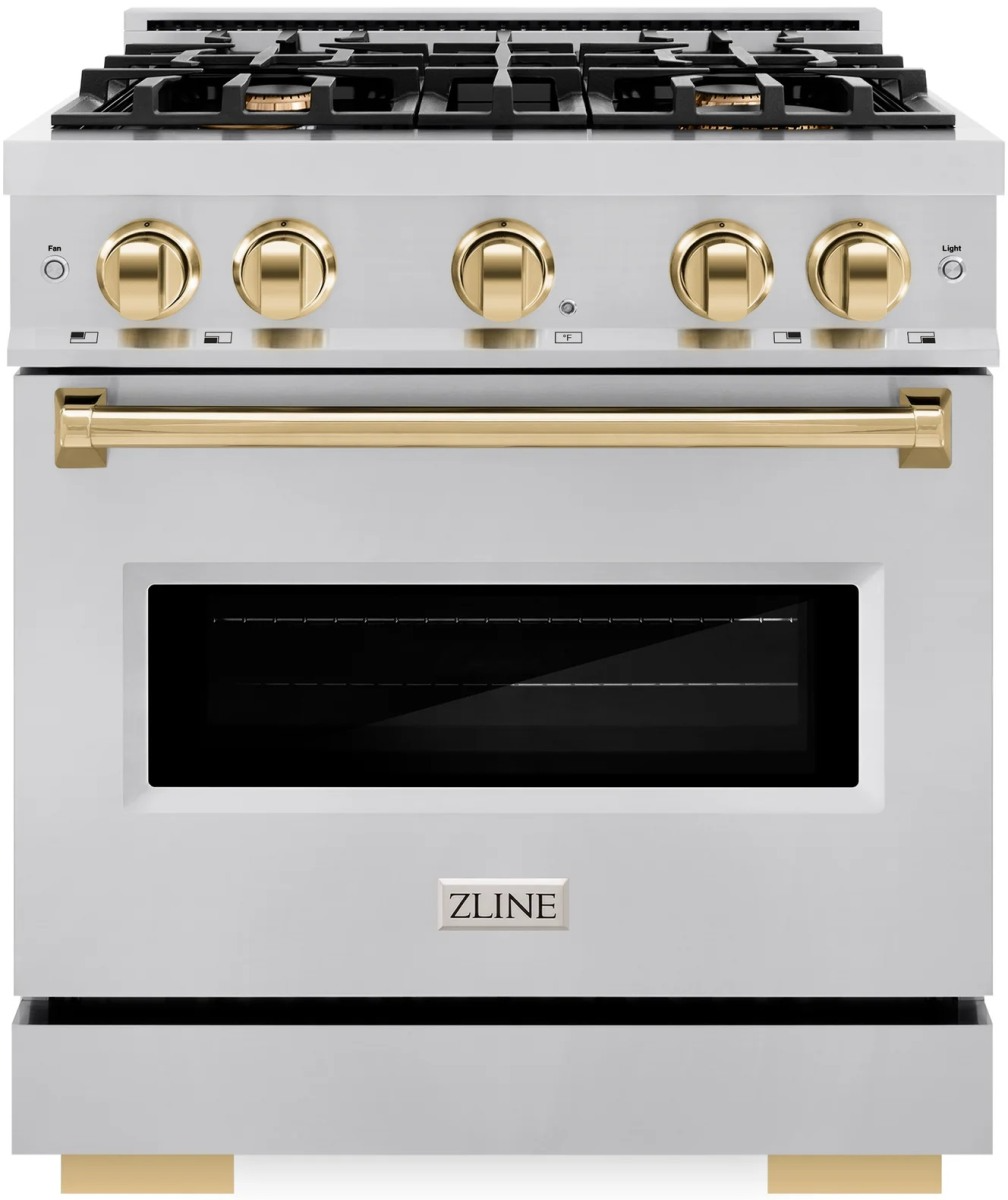 ZLINE Autograph Edition 30 in. 4.2 cu. ft. Classic Dual Fuel Range with 4 Burner Gas Cooktop and Electric Convection Oven in Stainless Steel with Polished Gold Accents (CDRZ-30-G)