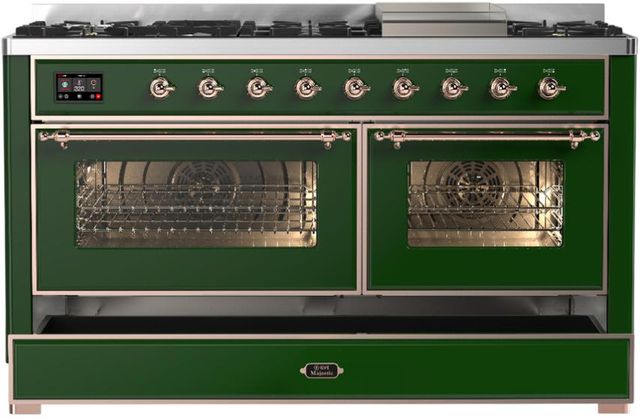Ilve® Majestic III 60" Emerald Green Pro Style Dual Fuel Liquid Propane Range with Triple Glass Door and Copper Trim-1