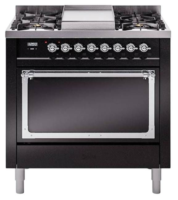 Ilve® Nostalgie II Noblesse 36'' Glossy Black Pro Style Dual Fuel Range with Chrome Trim-0