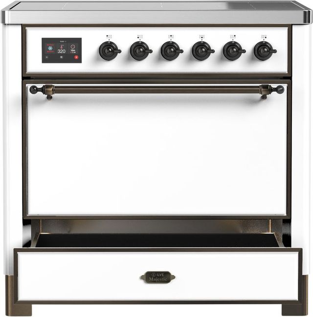 Ilve® Majestic III 36" White Pro Style Induction Range with Solid Door and Burnished Trim-2