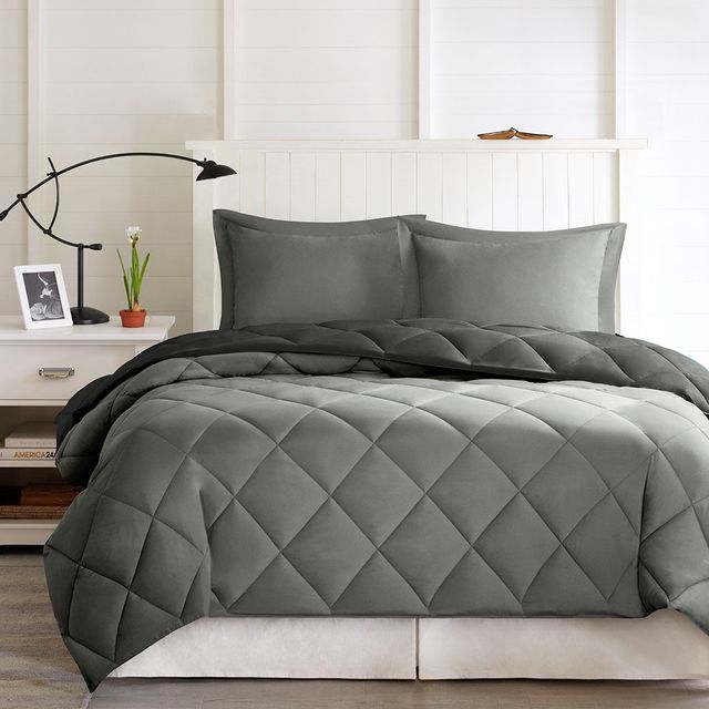Olliix by Madison Park Essentials Larkspur Black and Grey Full/Queen 3M Scotchgard Reversible Down Alternative Comforter Set-0