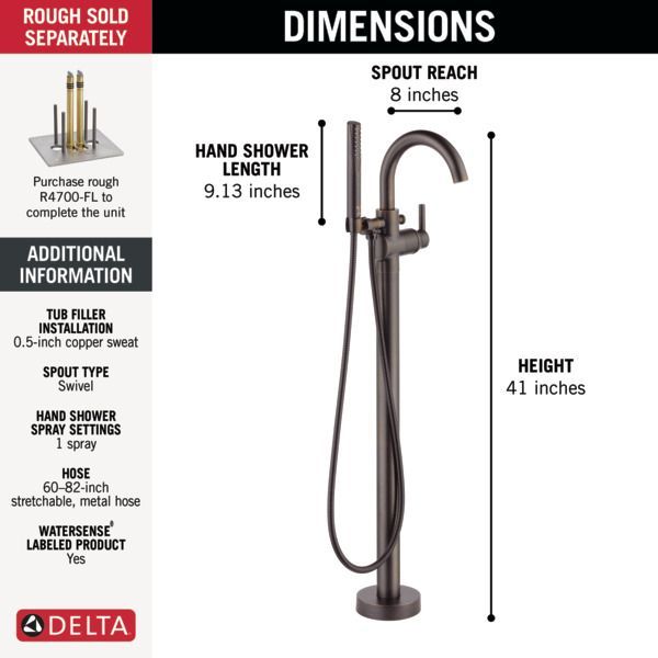 Delta Trinsic® Venetian Bronze Single Handle Floor Mount Tub Filler Trim with Hand Shower-2