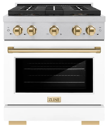 ZLINE Autograph Edition 30 in. 4.2 cu. ft. Paramount Dual Fuel Range with 4 Burner DuoPro™ Cooktop and Electric Convection Oven in Satin Stainless Steel with White Matte Door and Polished Gold Accents (PSDRSZ-WM-30-G)