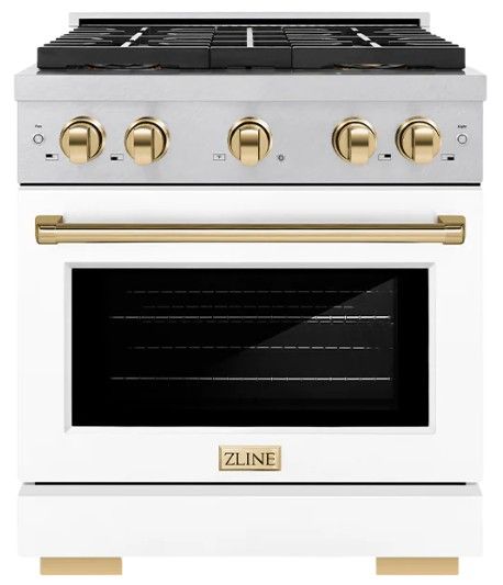 ZLINE Autograph Edition Paramount 30" 4.2 Cu. Ft. Satin Stainless Steel Dual Fuel Range with 4 Burner DuoPro™ Cooktop and Electric Convection Oven with White Matte Door and Polished Gold Accents-0