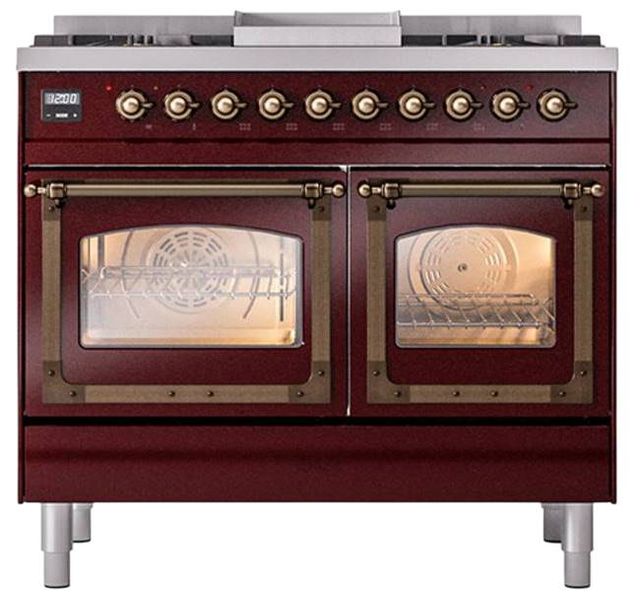 Ilve® Nostalgie II Noblesse 40'' Burgundy Pro Style Dual Fuel Range with Burnished Trim-1
